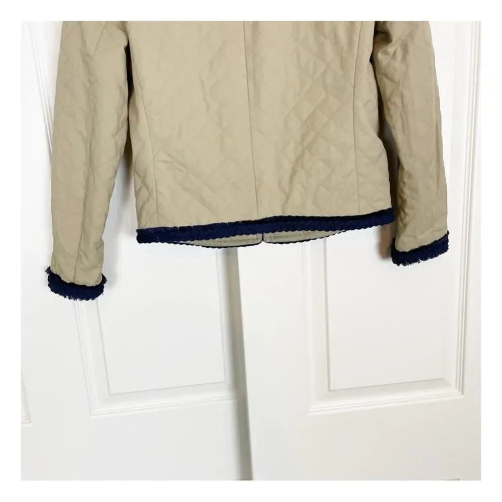J.Crew Quilted Crop Lady Jacket Tan Braided Fringe Trim Blazer Sz 00